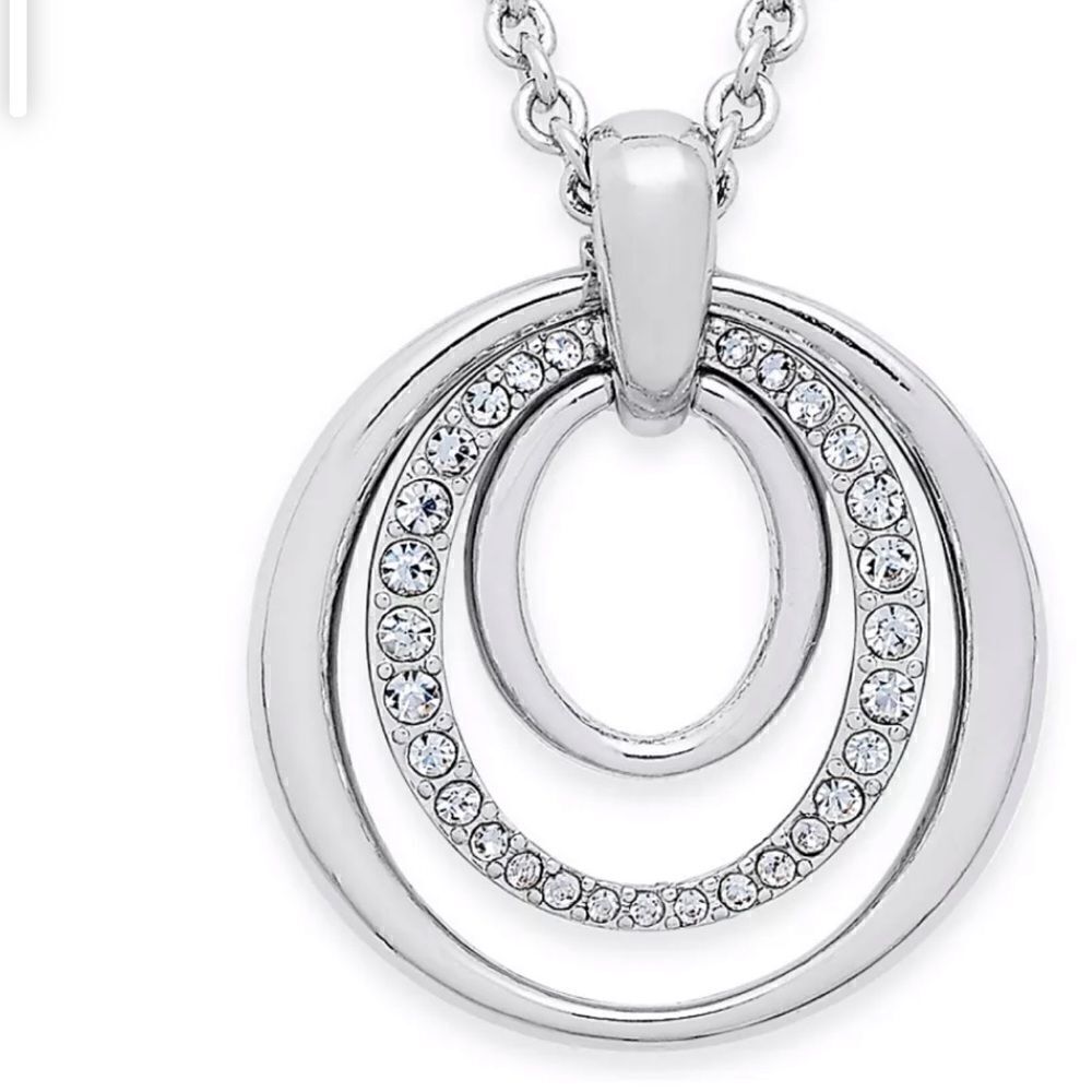 NWT Charter Club Pavé Pendant Necklace three ring round silver tone
